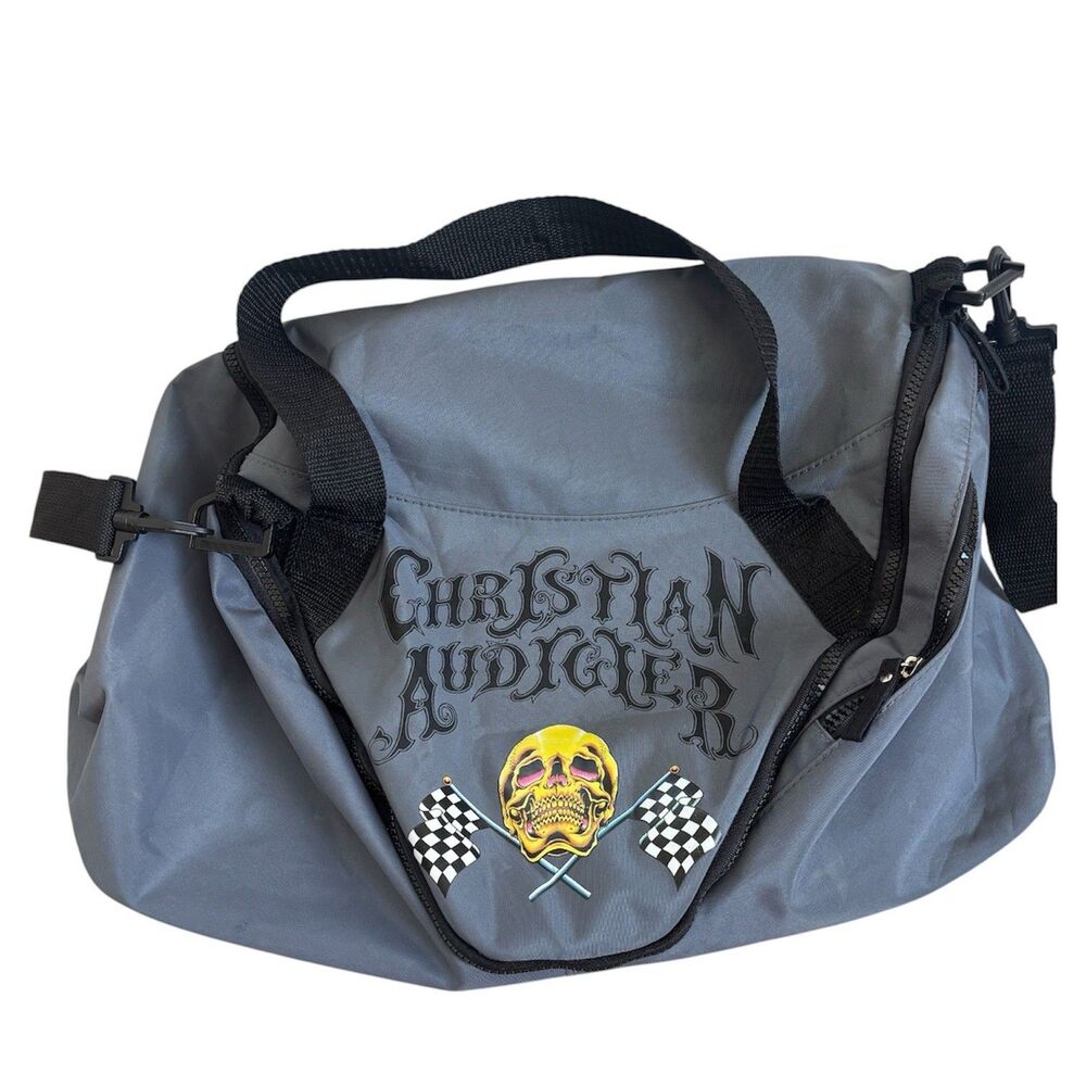 CHRISTIAN AUDIGIER / Ed Hardy Gray Duffle Bag Skull Racing Checkered Flag NWT